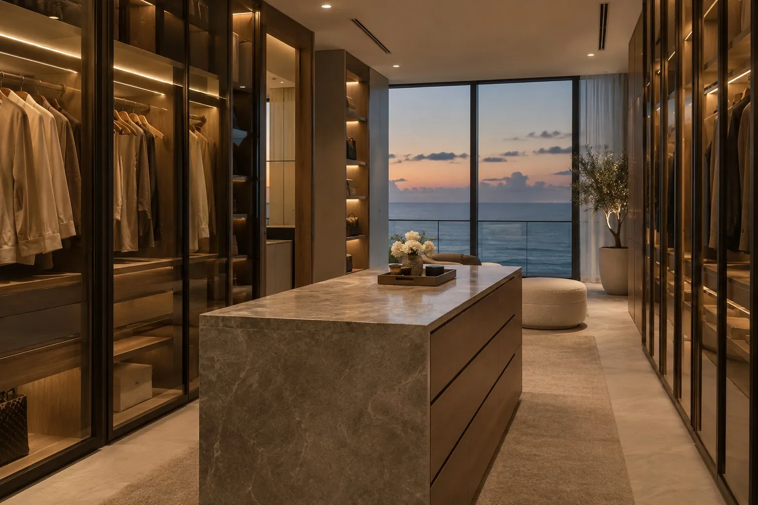 Walk-in closet concept with walnut wardrobes, bronze glass doors and a stone-top island