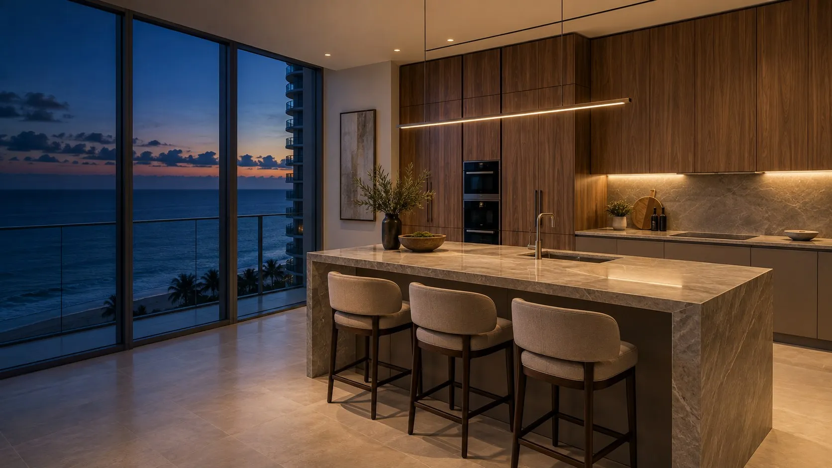 Oceanfront kitchen concept with walnut cabinetry and a stone waterfall island