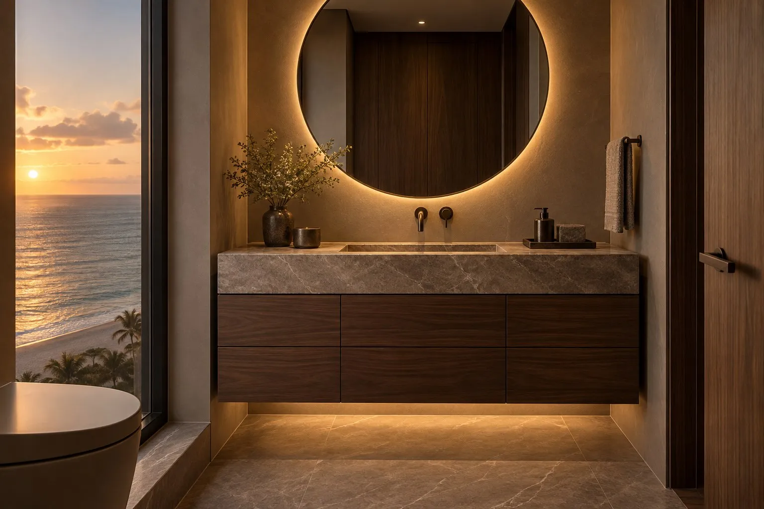 Oceanfront powder room concept with a floating walnut vanity and backlit round mirror