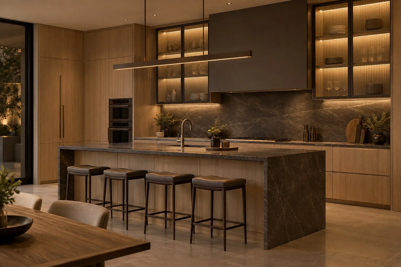Kitchen concept in rift oak with bronze reeded-glass wall cabinets and a dark stone backsplash