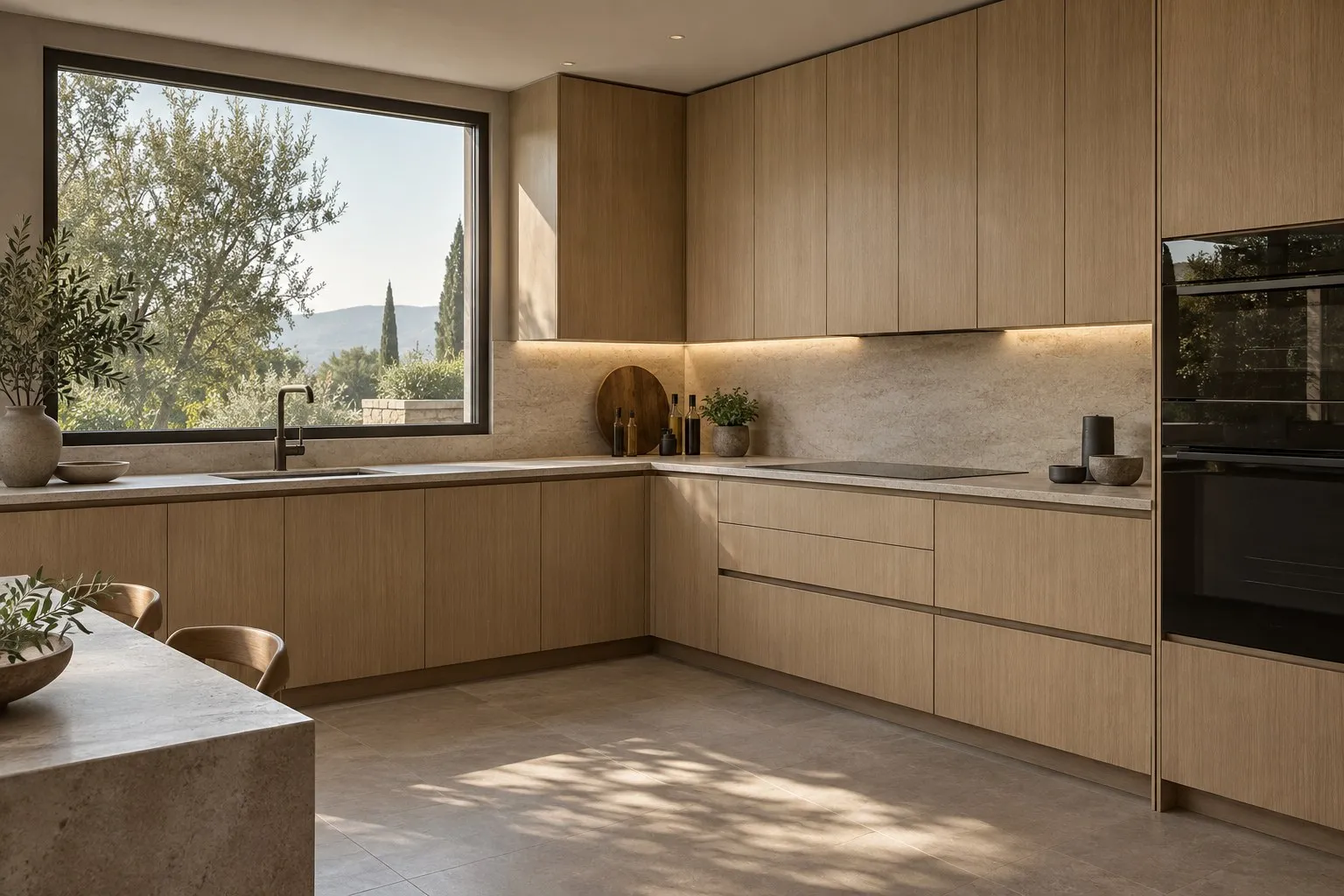 Kitchen refacing concept with rift oak fronts and integrated finger pulls on an L-shaped layout