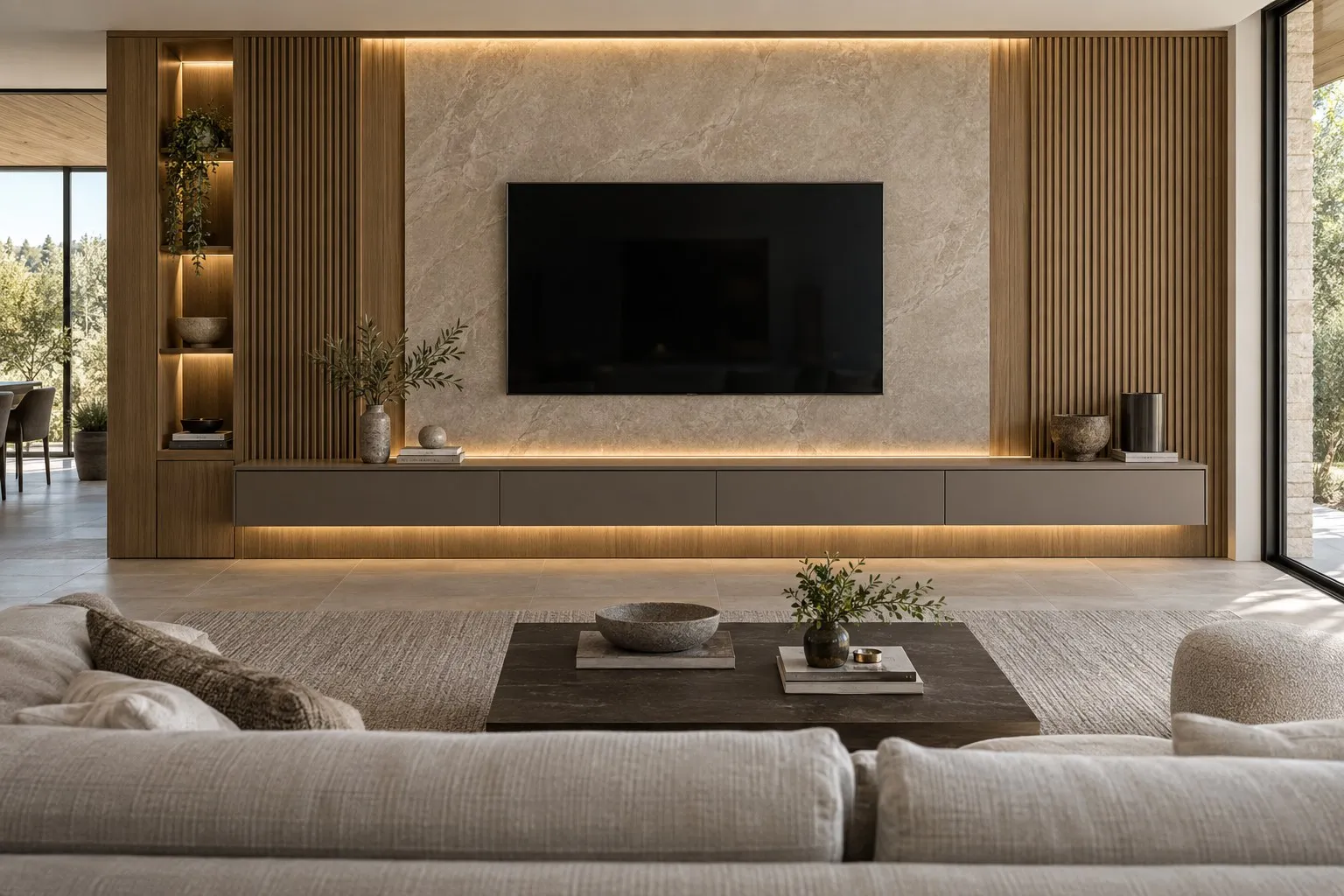 Living room concept with an oak-slat media wall, stone TV panel and floating console