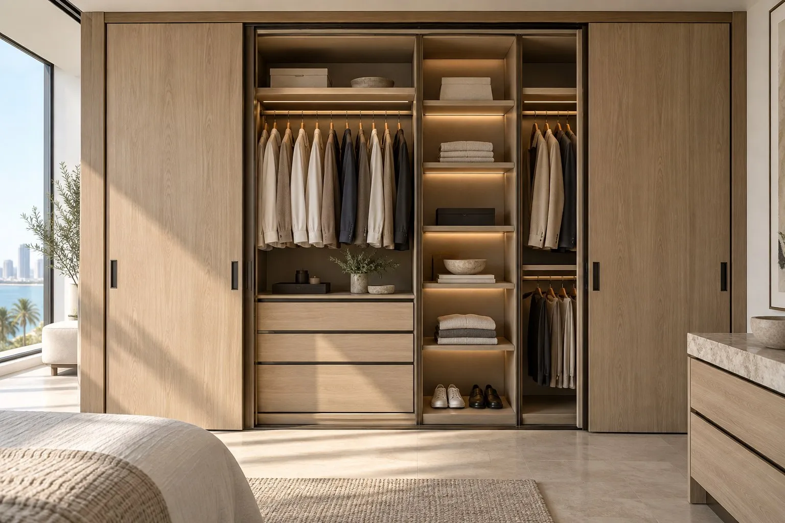 Light-oak reach-in closet concept with sliding doors, lit shelves and drawers