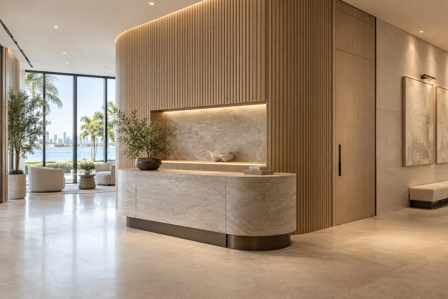 Entry concept with a curved light-oak slatted wall, stone console and backlit niche