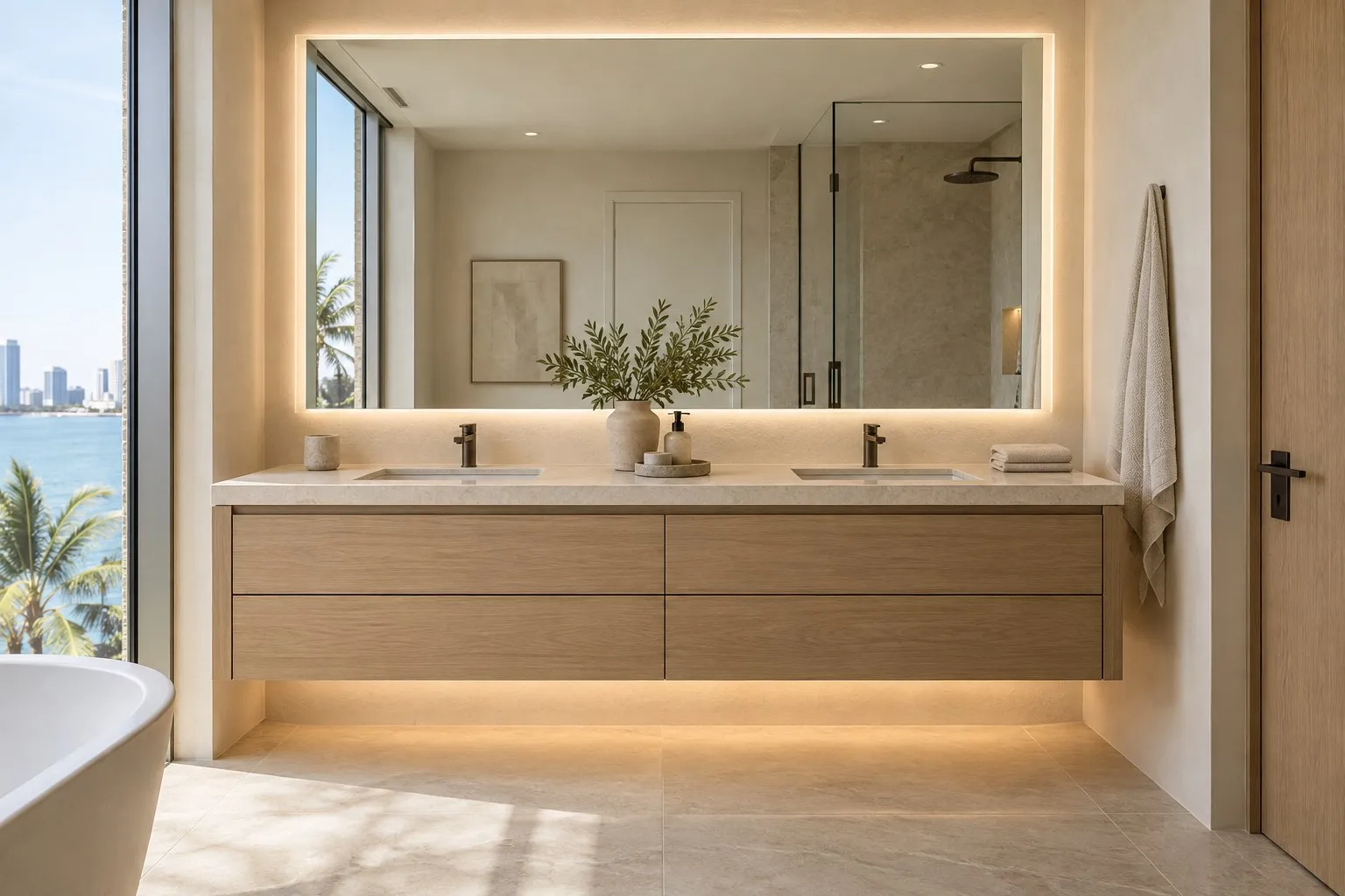 Bathroom concept with a floating light-oak double vanity and backlit mirror
