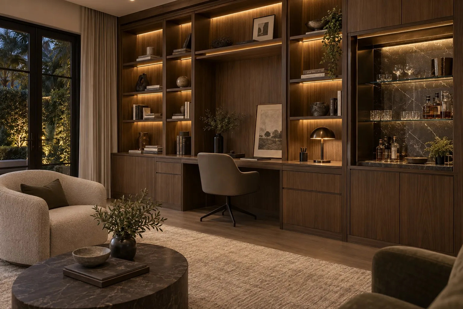 Home office concept with walnut built-in shelving, desk and bar niche