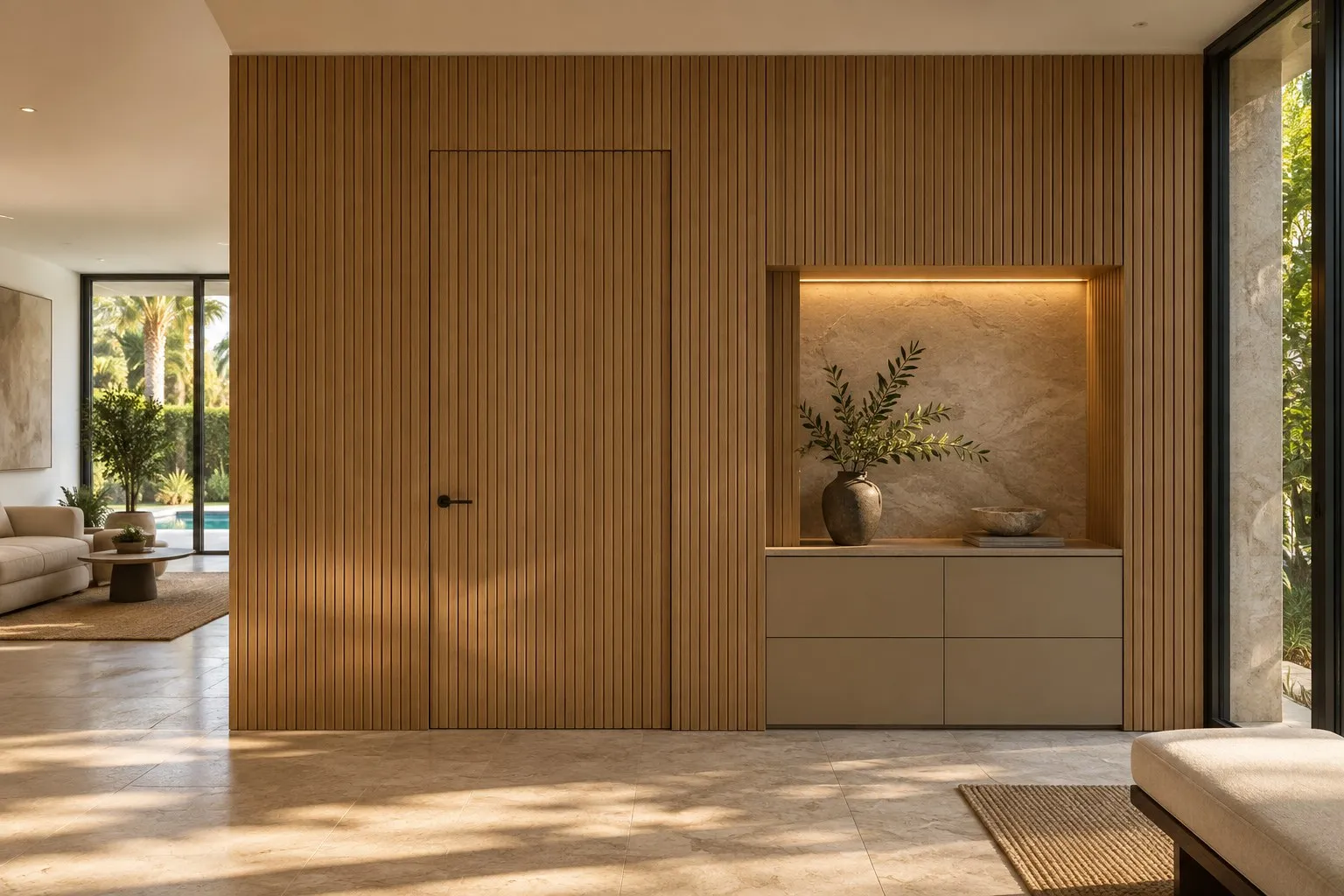 Hall concept with floor-to-ceiling oak slat paneling, hidden door and lit niche