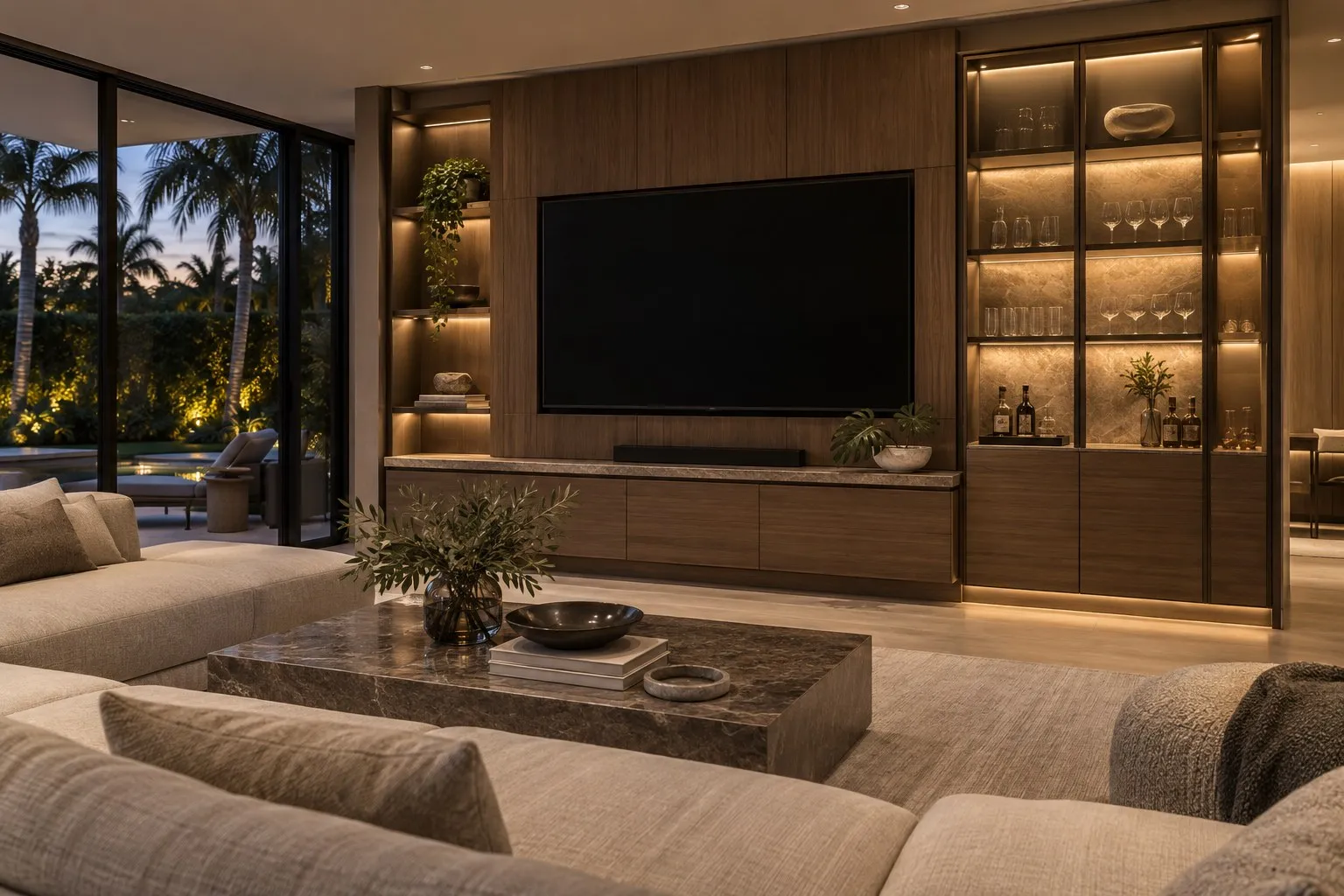Family room concept with a walnut TV wall and an integrated bar with bronze glass doors