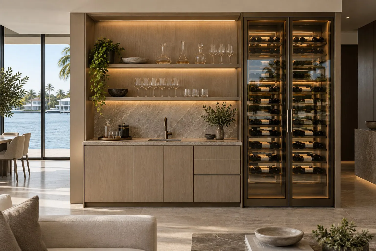 Waterfront wet bar concept in pale oak with a lit bronze-glass wine display