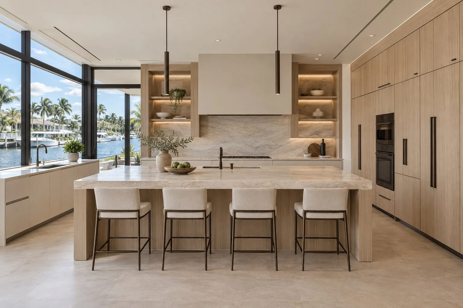 Daylight waterfront kitchen concept in pale oak and warm white lacquer