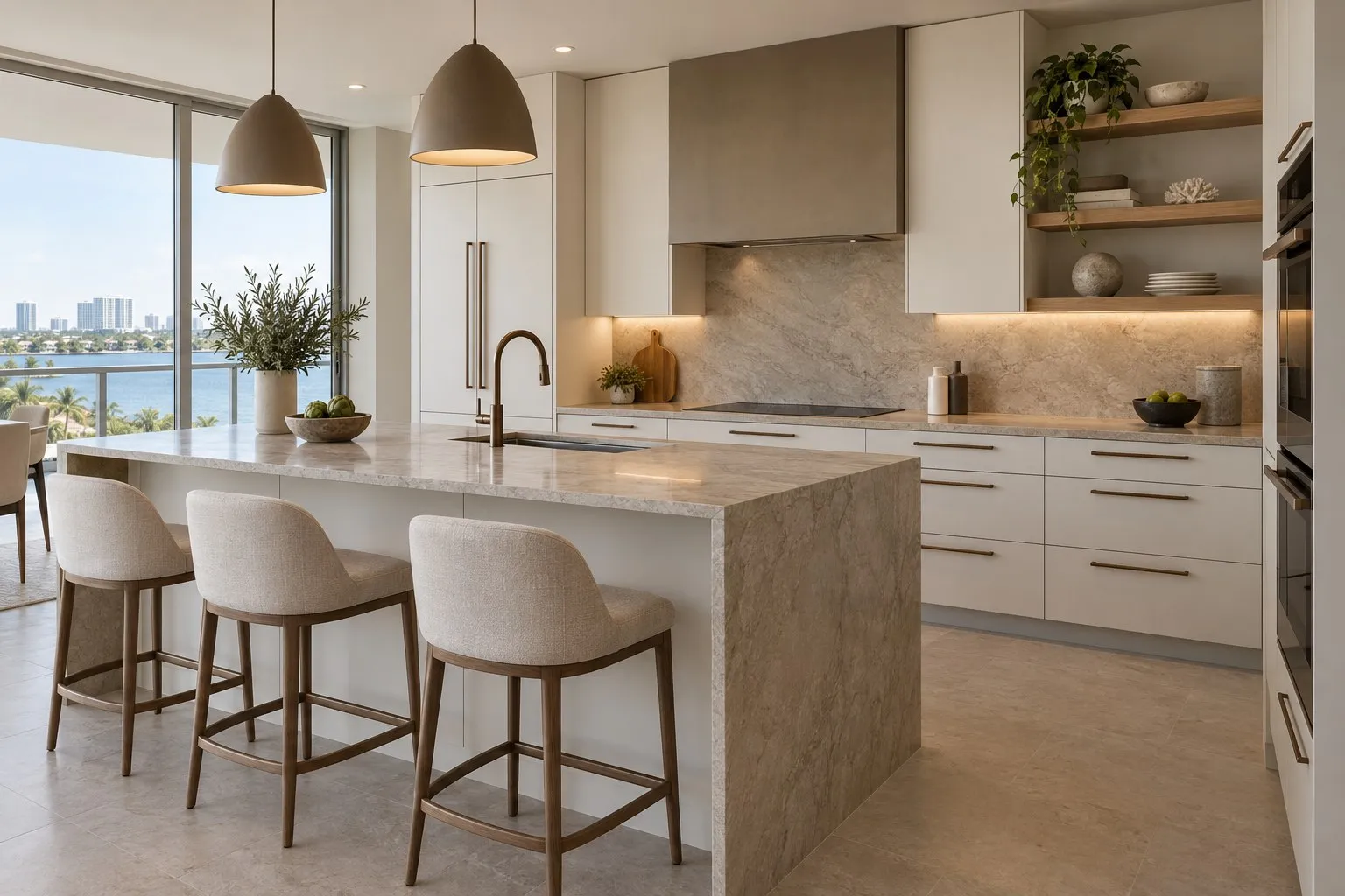 Kitchen refacing concept with matte warm-white fronts, bronze pulls and oak open shelves