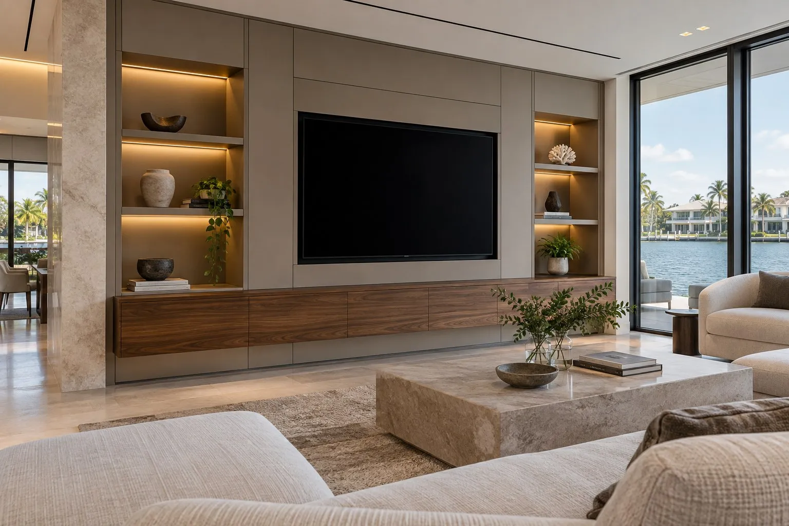 Waterfront living room concept with a taupe media wall, walnut floating console and lit shelving