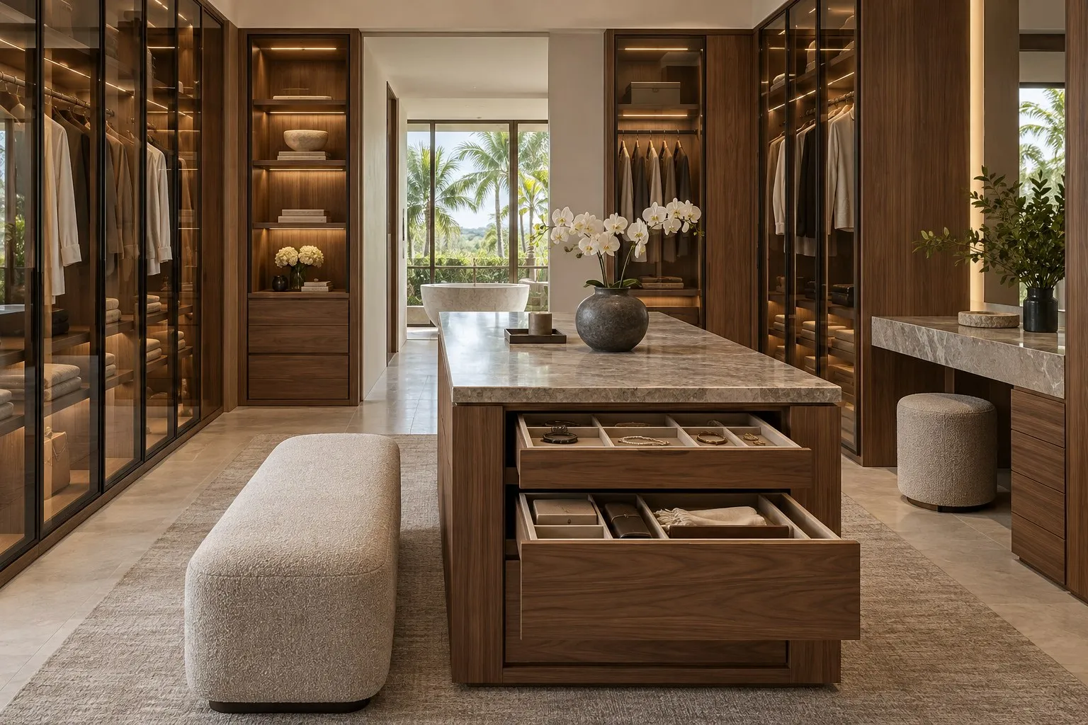 Dressing room concept with walnut wardrobes, smoked glass doors and a jewelry-drawer island