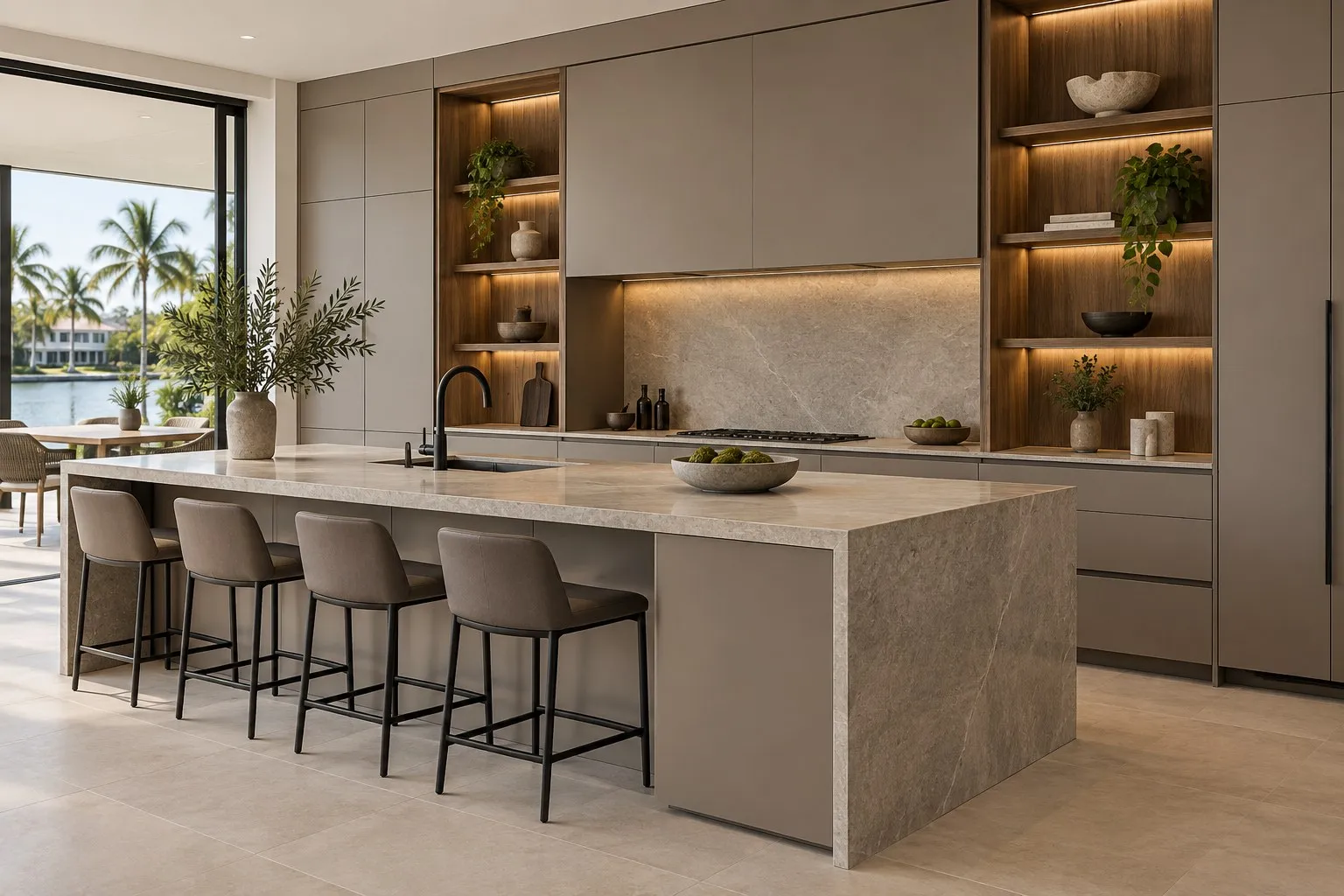 Kitchen concept with matte taupe cabinetry, lit walnut shelving and a honed stone island