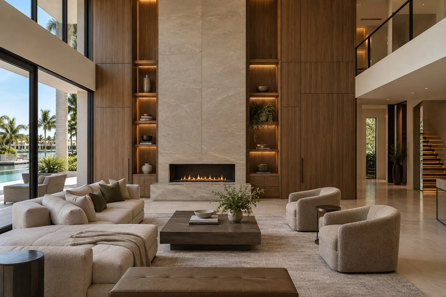 Double-height living room concept with walnut paneling and a stone fireplace surround