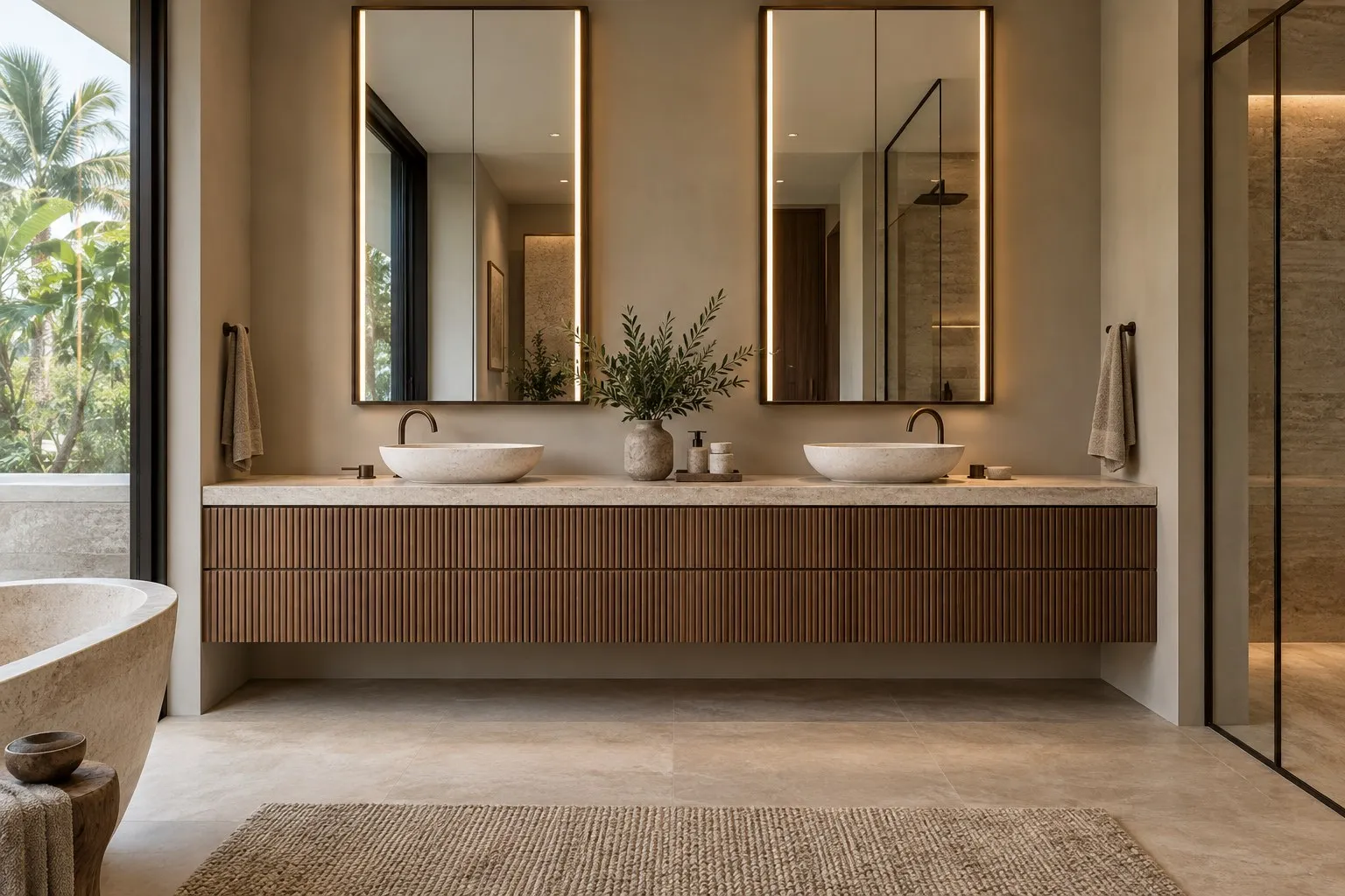 Primary bath concept with a fluted walnut double vanity, vessel basins and lit mirror cabinets