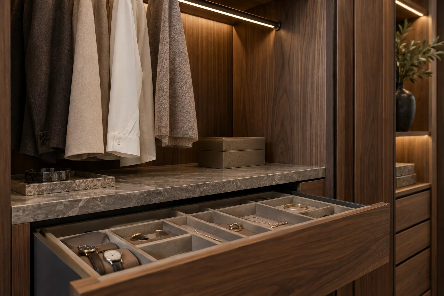 Walnut closet drawer with velvet-lined jewelry and watch dividers under an LED-lit rod