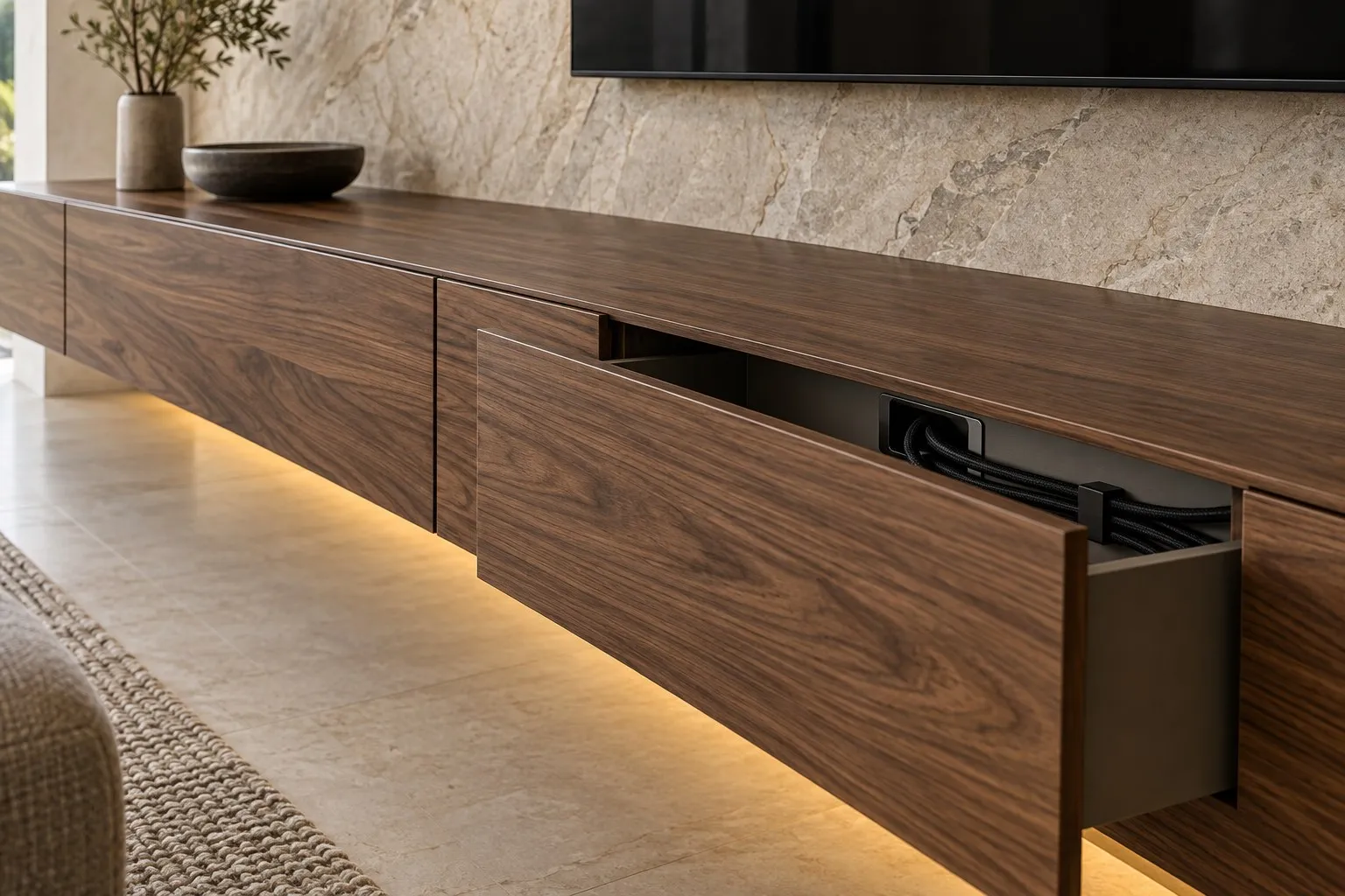Floating walnut media console with a push-open drawer and hidden LED lighting