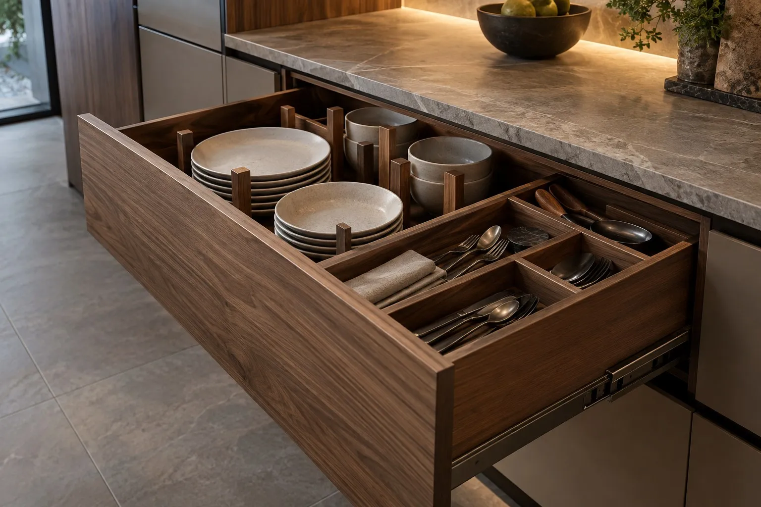 Walnut kitchen drawer with custom organizer inserts for plates and utensils