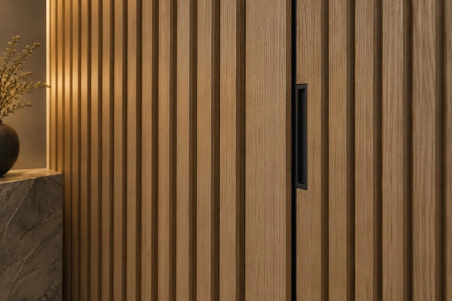 Oak slat wall paneling meeting a flush hidden door with a minimal black pull