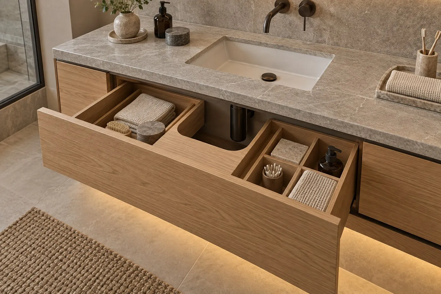 Floating oak vanity drawer with a plumbing cutout and organizer trays