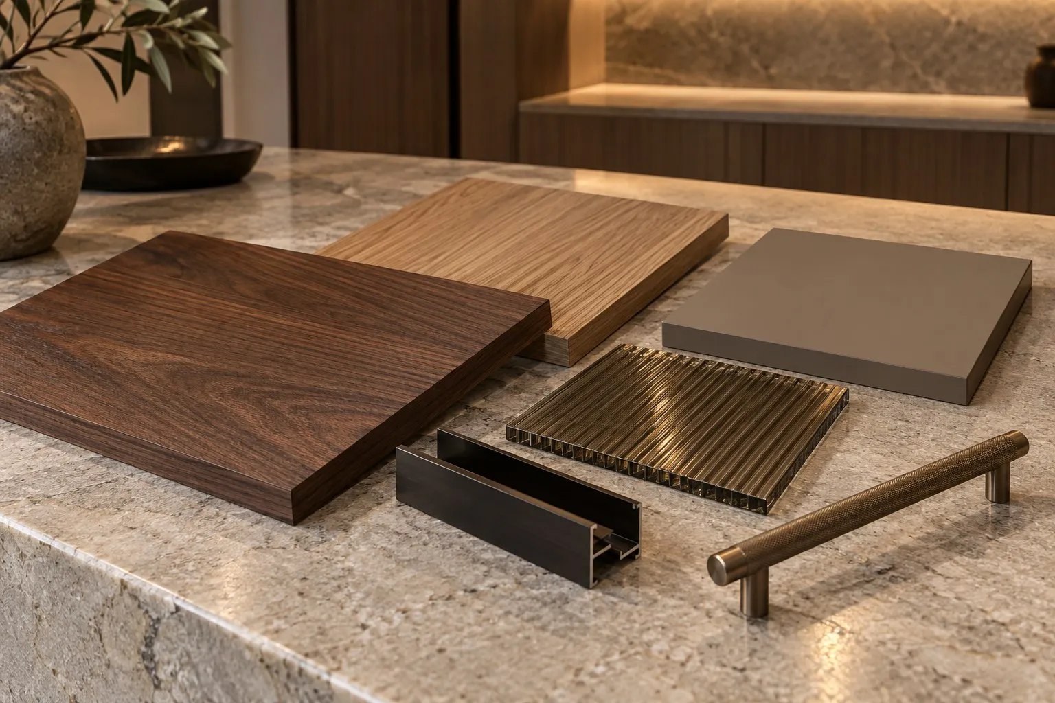 Cabinetry material samples: walnut and oak veneer, taupe lacquer, bronze reeded glass and a bronze pull