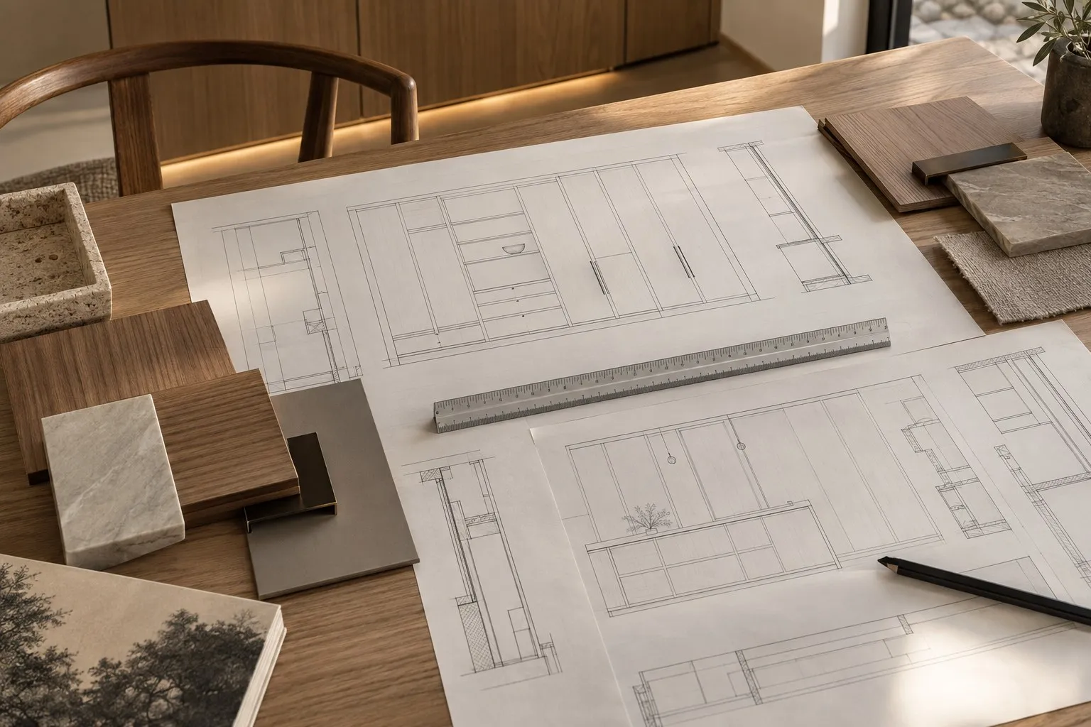Cabinetry shop drawings with veneer and stone samples on a work table